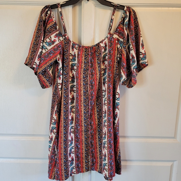 Rue 21 Bohemian Multicolor Elephant Print Off-Shoulder Dress - Picture 3 of 5